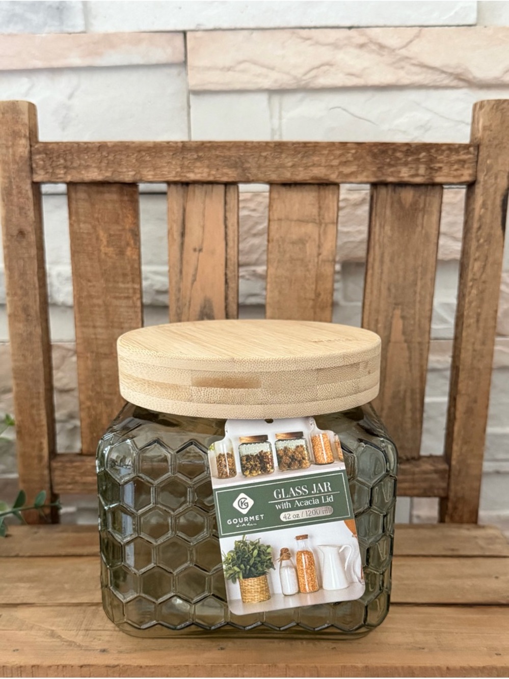 🆕 Honeycomb Green Glass 42oz Storage Jar with Bamboo Lid!